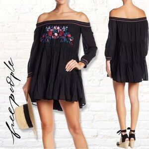 Free People Black Sunbeams Embroidered Mini Dress Size XS Boho off the shoulder
